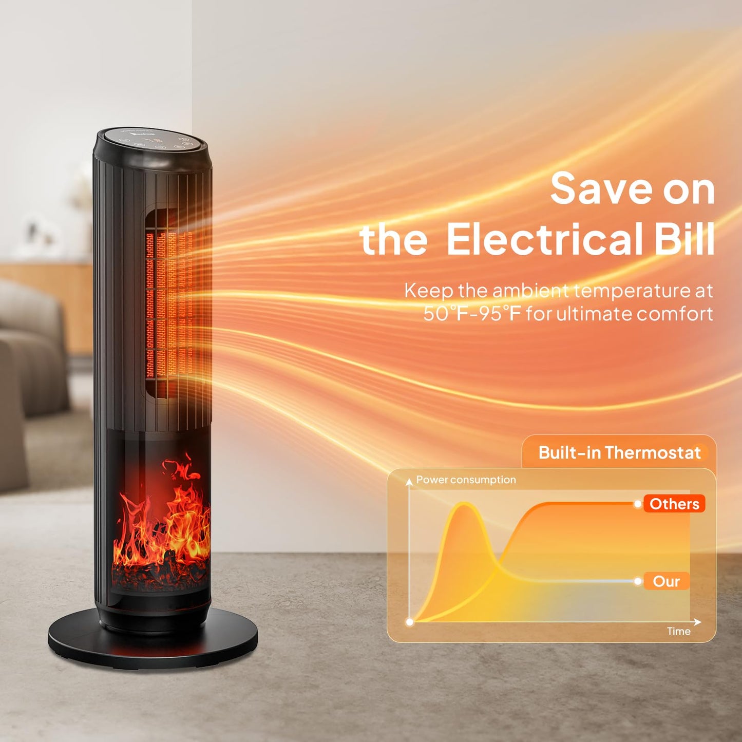 Space Heater for Indoor Use, 23Inch Portable Heater with Remote and Thermostat,7 Light Modes, 70°Oscillation, 12H Timer, Up to 95°F, Tip-over Protection