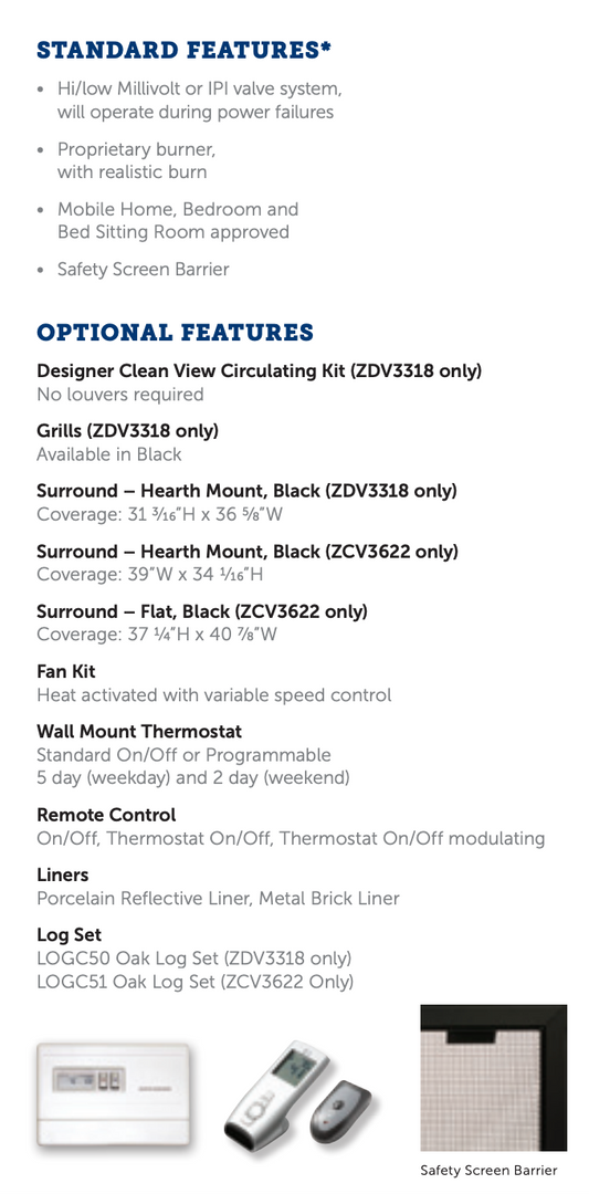 Premium Kingsman 36" Zero Clearance Direct Vent Gas Fireplace - ZCV3622