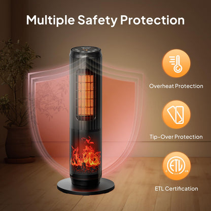 Space Heater for Indoor Use, 23Inch Portable Heater with Remote and Thermostat,7 Light Modes, 70°Oscillation, 12H Timer, Up to 95°F, Tip-over Protection