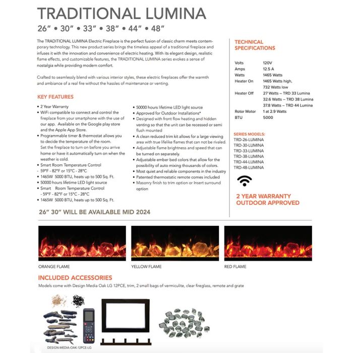 Premium Amantii Traditional Lumina Smart Electric Fireplace/Insert with Oak Log Media Kit
